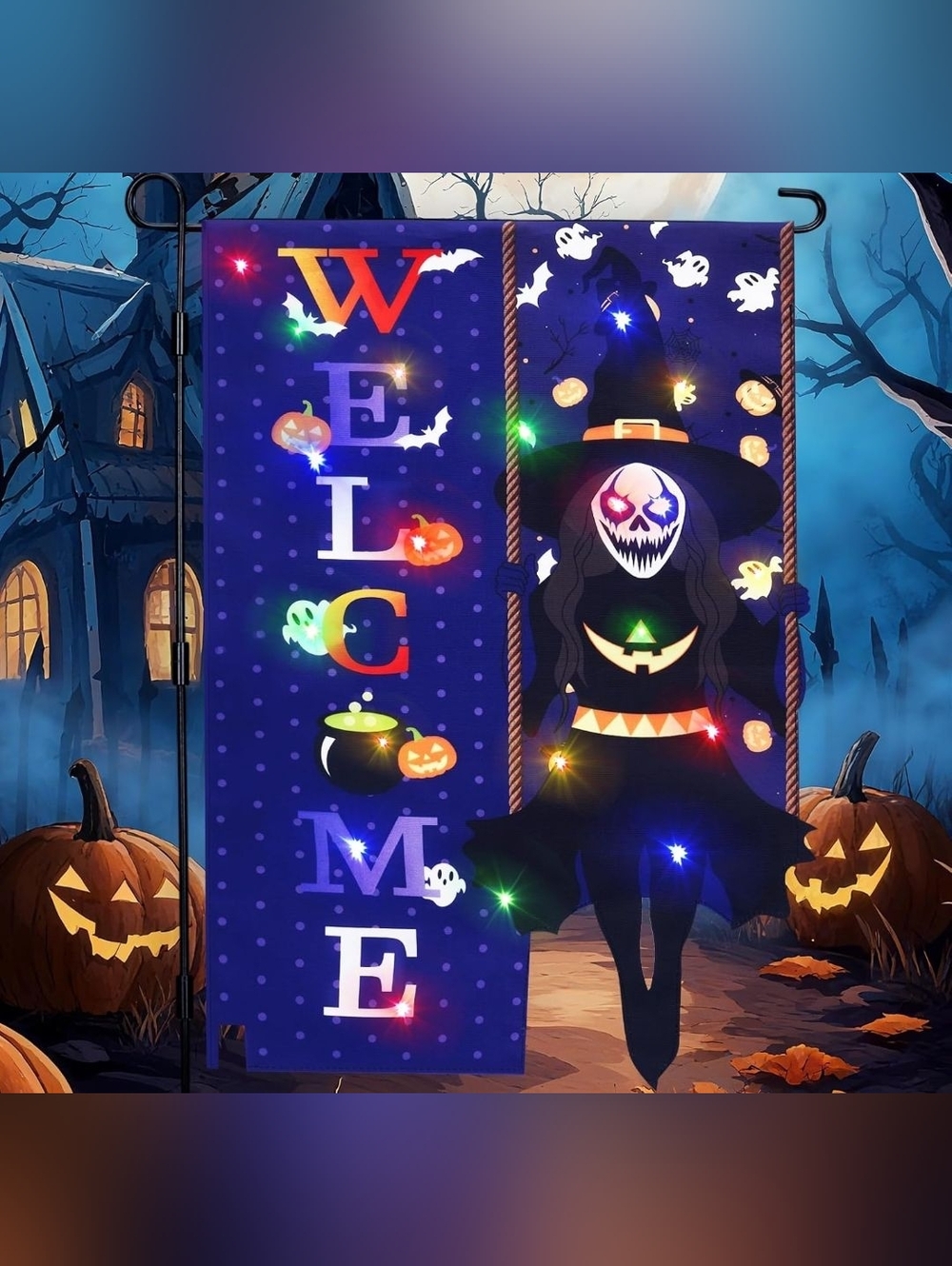 Halloween Lighted Garden Flag for Outside, Led Solar Yard Flag 8 Modes